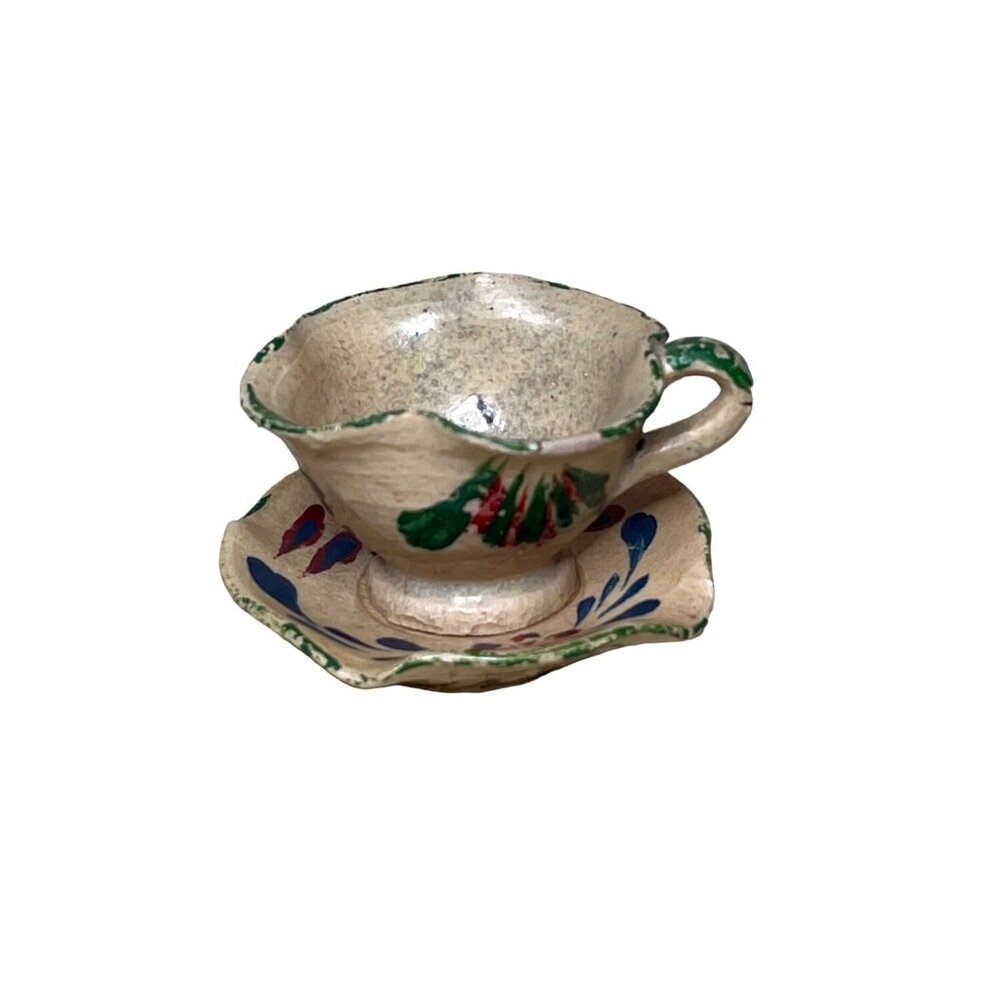 Vintage Rustic Handmade Mexican Pottery Miniature Cup & Saucer
